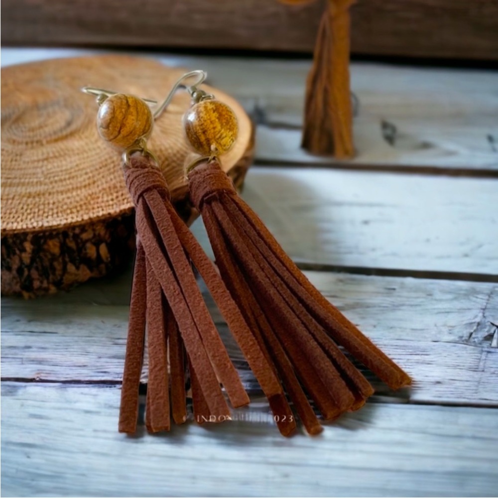 NATURAL JASPER TASSEL LEATHER DANGLE EARRINGS